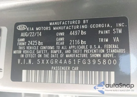 2015 Kia Optima Sx Turbo z USA, uszkodzony, nr VIN 5XXGR4A61FG395800